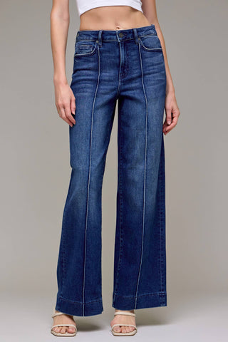 Sasha Dark Wash Pintuck High Rise Wide Leg Jeans - The Funky Zebras Clear Lake