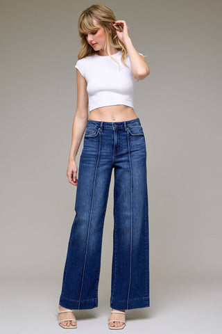 Sasha Dark Wash Pintuck High Rise Wide Leg Jeans - The Funky Zebras Clear Lake