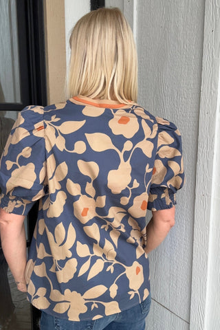 Saundrah Dusty Blue & Orange Floral Puff Sleeve Top - Just Dani Boutique + Color Studio