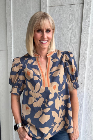 Saundrah Dusty Blue & Orange Floral Puff Sleeve Top - Just Dani Boutique + Color Studio