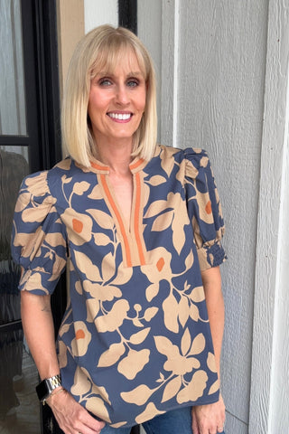 Saundrah Dusty Blue & Orange Floral Puff Sleeve Top - Just Dani Boutique + Color Studio