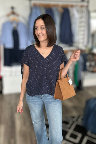 Selena Navy Woven Tie Sleeve V Neck Dot Top - The Funky Zebras Clear Lake