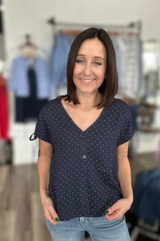 Selena Navy Woven Tie Sleeve V Neck Dot Top - The Funky Zebras Clear Lake