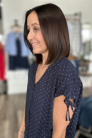 Selena Navy Woven Tie Sleeve V Neck Dot Top - The Funky Zebras Clear Lake