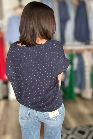 Selena Navy Woven Tie Sleeve V Neck Dot Top - The Funky Zebras Clear Lake