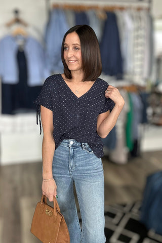 Selena Navy Woven Tie Sleeve V Neck Dot Top - The Funky Zebras Clear Lake