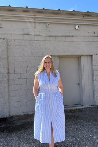 Shannon Vertical Striped Zip Front Midi Dress - The Funky Zebras Clear Lake