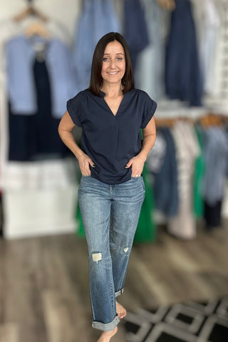 Sierra Navy Woven Cap Sleeve Top - The Funky Zebras Clear Lake