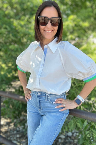 Steph White Top with Collar & Sleeve Color Detail - Just Dani Boutique + Color Studio