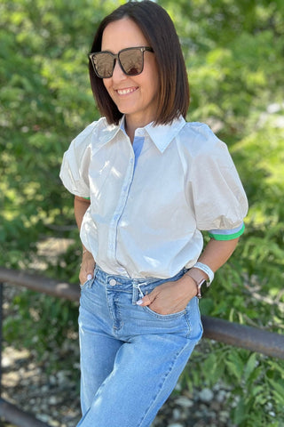 Steph White Top with Collar & Sleeve Color Detail - Just Dani Boutique + Color Studio
