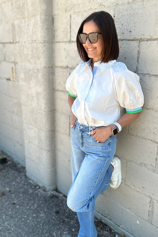Steph White Top with Collar & Sleeve Color Detail - Just Dani Boutique + Color Studio
