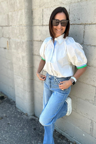 Steph White Top with Collar & Sleeve Color Detail - Just Dani Boutique + Color Studio