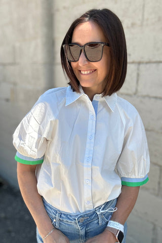 Steph White Top with Collar & Sleeve Color Detail - Just Dani Boutique + Color Studio
