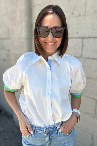 Steph White Top with Collar & Sleeve Color Detail - Just Dani Boutique + Color Studio