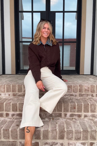 Talia Brown Long Sleeve Denim Collar Sweater Top - Just Dani Boutique + Color Studio