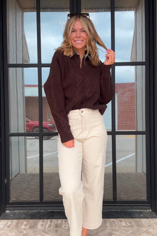 Talia Brown Long Sleeve Denim Collar Sweater Top - Just Dani Boutique + Color Studio