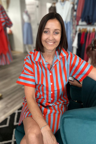 THML Blue & Orange Short Sleeve Striped Button Up Dress - Just Dani Boutique + Color Studio