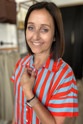 THML Blue & Orange Short Sleeve Striped Button Up Dress - Just Dani Boutique + Color Studio