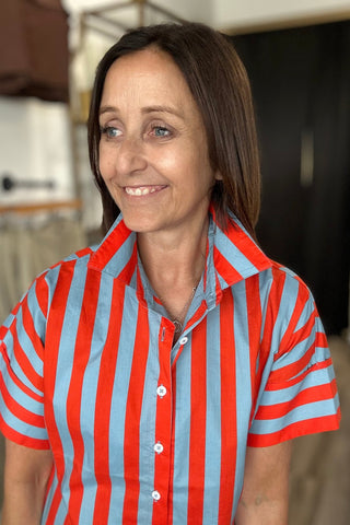THML Blue & Orange Short Sleeve Striped Button Up Dress - Just Dani Boutique + Color Studio