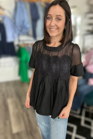 Zoey Black Mesh Puff Sleeve Top - The Funky Zebras Clear Lake